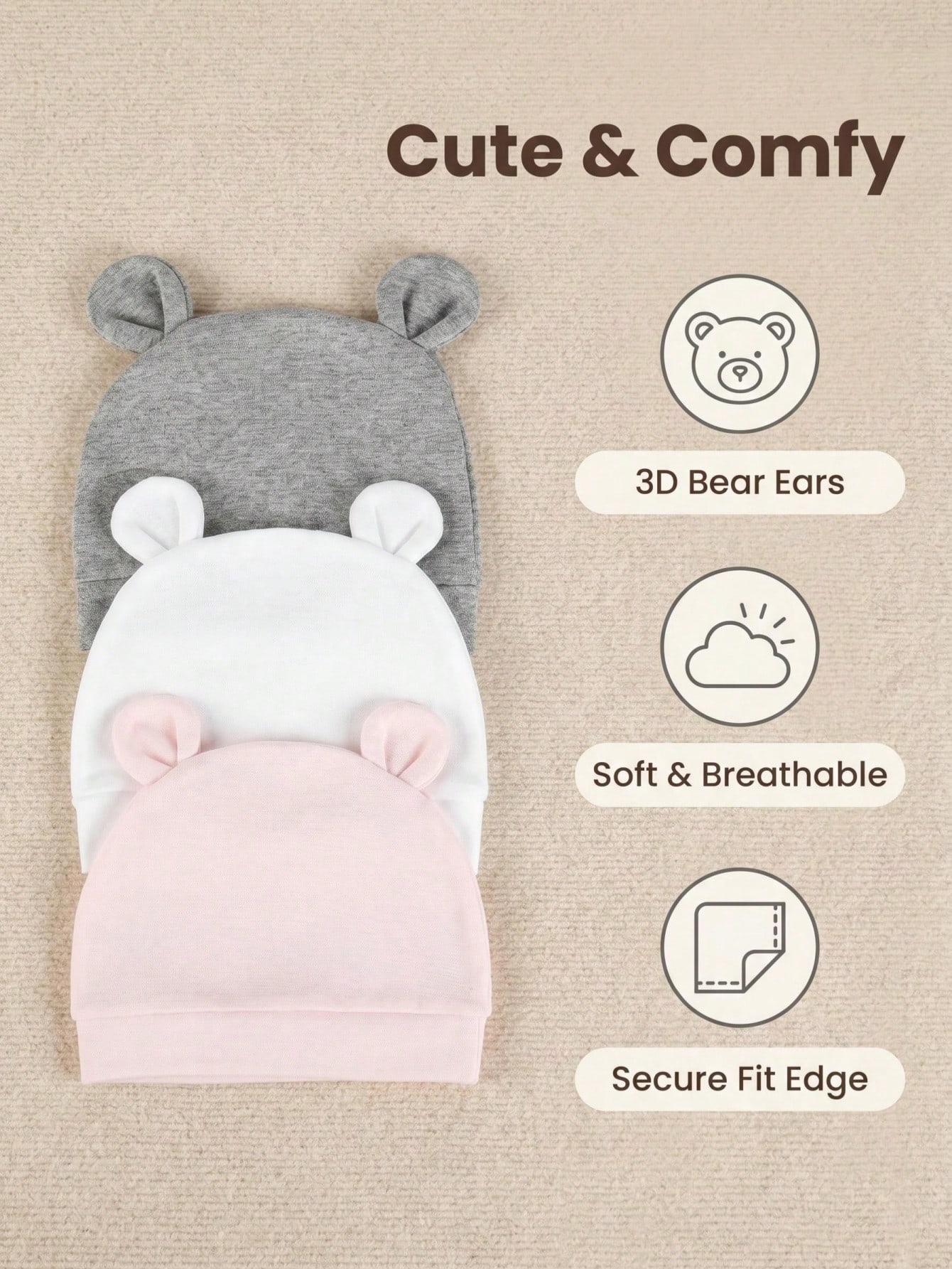 3-Pack Newborn Solid Color Sin - Infant Beanie Hat With Ears 评论和价格